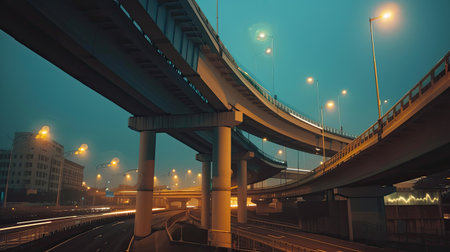 Stunning panorama of highway overpass illuminated by street lights at twilightの素材