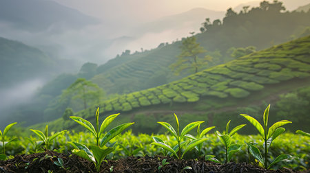 Young tea shoots growing on a hillside plantationの素材