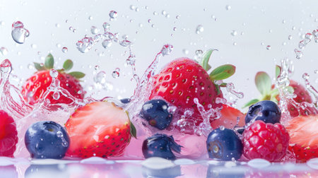 Various juicy berries bursting into splashes of liquid against a plain white surfaceの素材