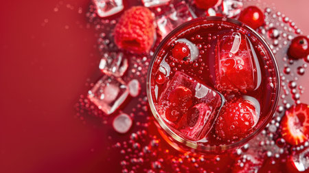 Refreshing red drink with floating berry slices and ice cubes, viewed from aboveの素材