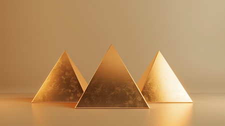 render of three golden pyramids arranged in a triangle formationの素材
