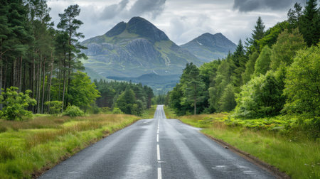 Peaceful asphalt road in a green forest with mountain peaks in the backgroundの素材