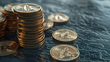 Stacks of shiny golden Bitcoins on a black wooden surface, showcasing cryptocurrency investmentの素材