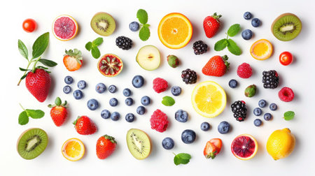 Top view of an array of ripe fruits and colorful berries isolated against a plain white backgroundの素材