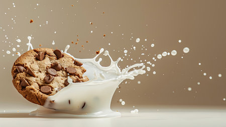 Milk splashing upwards as cookie falls, isolated with clean backgroundの素材