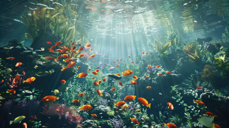 Dynamic underwater view of a coral reef alive with fish and plantsの素材