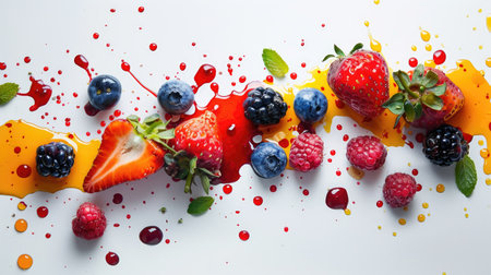 Mix of succulent berries and vibrant splashes of juice on a spotless white backdropの素材