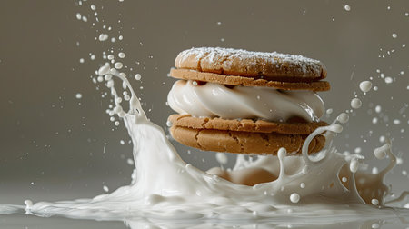 Isolated sandwich cookie falling into milk, dramatic splash effectの素材