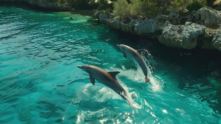 Playful dolphins leaping and swimming in the turquoise waters of a tropical paradiseの素材