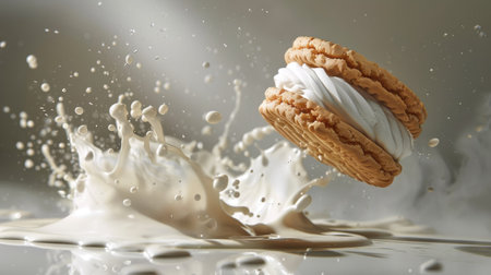 Isolated sandwich cookie causing a white milk splash, high-speed captureの素材