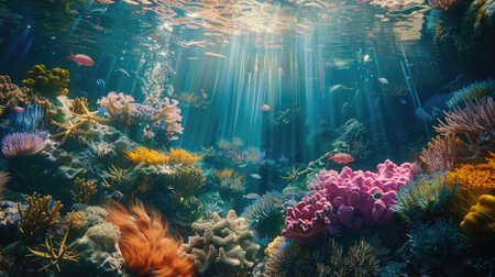 Majestic underwater scenery with colorful coral reefs and diverse marine life, illuminated by sunlightの素材