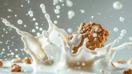 Milk explosion from cookie impact, droplets frozen in mid-air, isolatedの素材
