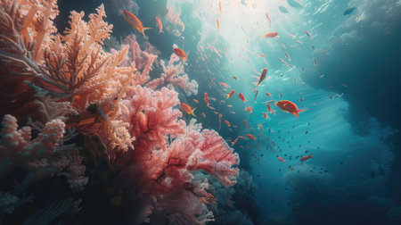 Mesmerizing underwater view with soft corals swaying and fish darting aroundの素材