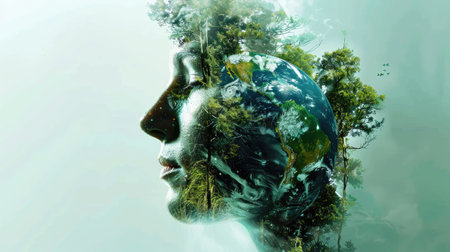 Clear head overlapping with Earth, representing technological integration with natureの素材