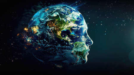 Clear head overlapping with Earth, representing technological integration with natureの素材