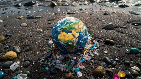 Earth battling against plastic pollution, showcasing the need for sustainabilityの素材