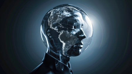 Clear humanoid head intersecting with a globe, representing innovative global thinkingの素材