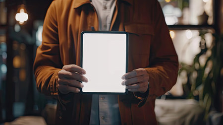 Man displaying a tablet with a white screen, ideal for app presentationsの素材