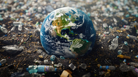 Earth covered in plastic trash, highlighting the urgent need for pollution controlの素材