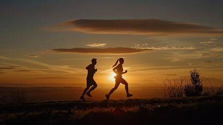 Couple running together at sunrise, silhouetted against the brightening skyの素材