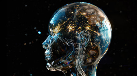 Fusion of a clear humanoid head and Earth, representing the integration of humanity and technologyの素材