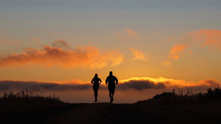 Couple running side by side at sunrise, their silhouettes against the morning skyの素材
