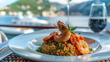 A sumptuous seafood risotto, elegantly plated with a harbor view in the backgroundの素材