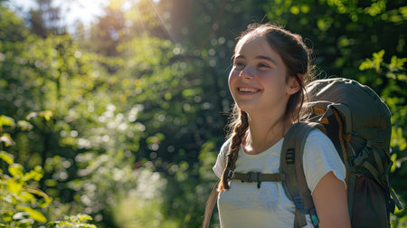 Teen hiker smiling with a backpack, enjoying a sunny day on the trailの素材
