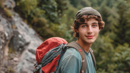 Portrait of a young adventurer with a backpack, enjoying a day of hiking outdoorsの素材