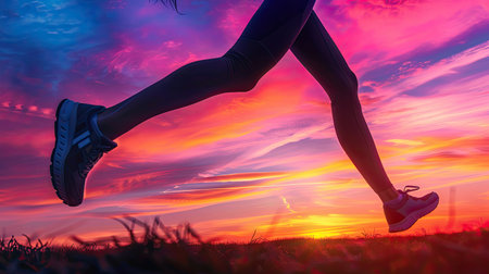 Silhouette of a sports girl's legs running at sunset, capturing the beauty of motion against a colorful skyの素材