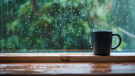 Coffee mug on a window ledge, with rain outside creating a tranquil indoor sceneの素材