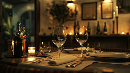 A cozy restaurant setting with luxurious dinner plates and wine glasses, creating a warm atmosphereの素材