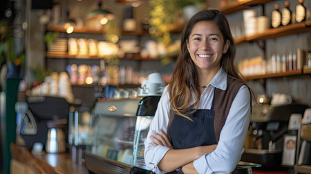 Business owner smiling proudly in front of her coffee shop, with a welcoming atmosphereの素材