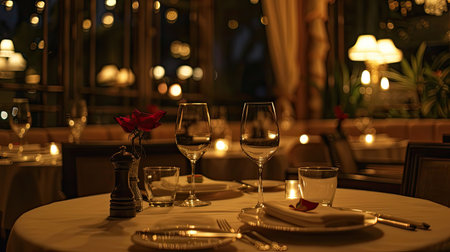 Cozy restaurant dinner with luxurious table settings and a candlelit ambianceの素材