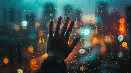 Close-up of a woman's left hand against a window pane with city lights blurred in the backgroundの素材