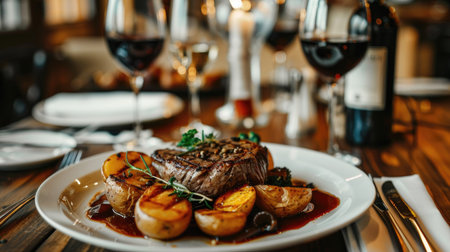 A luxurious steak dish with roasted potatoes and a rich sauce, on a finely set table with wineの素材