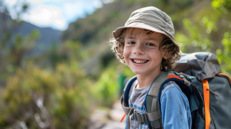 Young boy with hiking gear, smiling for the camera amidst beautiful outdoor sceneryの素材