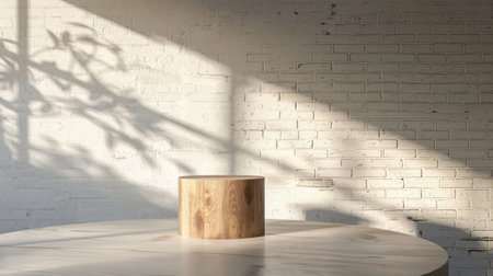 Empty wooden pedestal positioned on a kitchen island with soft natural light against a white painted brick wallの素材
