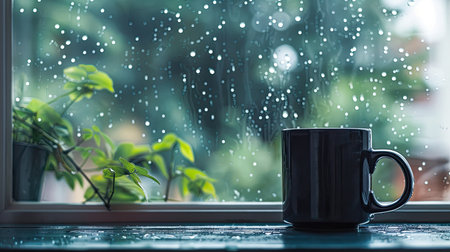 Coffee mug on a window ledge, with rain outside creating a tranquil indoor sceneの素材