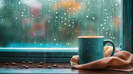 Coffee mug on a windowsill, with rain outside creating a cozy indoor sceneの素材