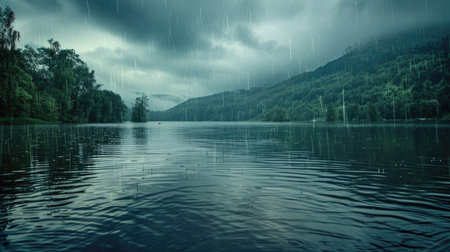 Gentle rain falling on a tranquil lake, illustrating nature's liquid poetryの素材