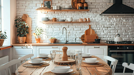 Spacious kitchen setup highlighting a wooden pedestal on a farmhouse-style dining table with a white brick wallの素材