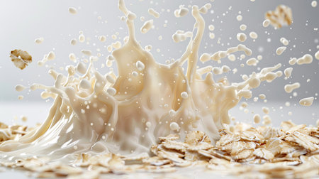 Captivating photo of oat flakes and milk splash, isolated on a pure white backgroundの素材