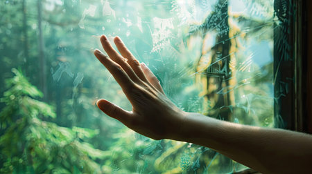 Woman's left hand touching a window pane, with a peaceful forest scene outsideの素材