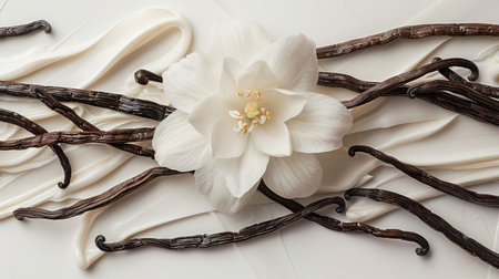 Close-up of a delicate vanilla flower surrounded by vanilla beans on a pristine white backgroundの素材