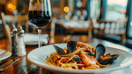 Gourmet seafood pasta with shrimp and mussels, set in a charming harbor dining spotの素材