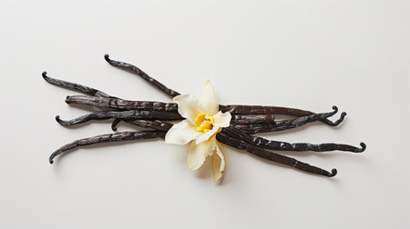 Artistic display of vanilla flower and vanilla beans, emphasizing natural beauty on a white backdropの素材