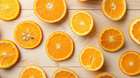 Close-up of fresh orange slices spread out on a light wooden table, creating a bright and juicy backgroundの素材
