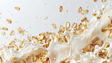 Artistic capture of oat flakes and milk splash, isolated perfectly on a white backdropの素材