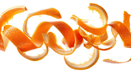 Dynamic arrangement of orange peel curls, perfectly isolated on whiteの素材
